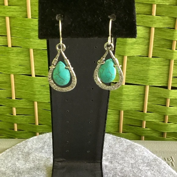 Silver and Turquoise Teardrop Earrings - Picture 1 of 5